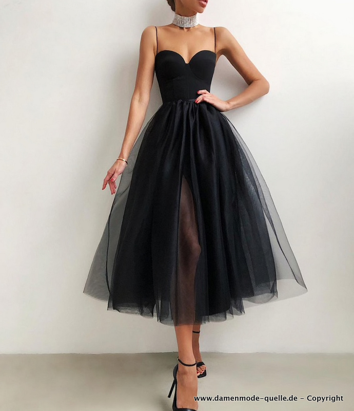  A Linie Spaghettiträger Petticoat Kleid Elegant in Schwarz&nbsp;Wadenlang