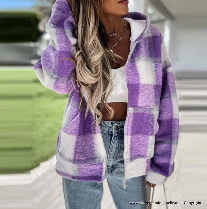 Damen Zipper Cardigan mit Kapuze in Lila&nbsp;Kariert
