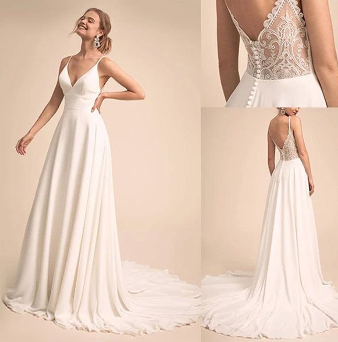 Schlichtes Chiffon Empire Brautkleid Britany mit Spaghettiträger und&nbsp;Schleppe