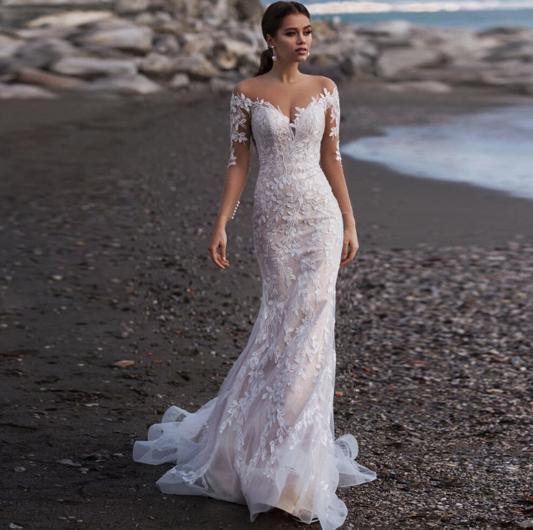 I Linie Brautkleid Charlie mit Illusion Ärmel und&nbsp;Pinselschleppe