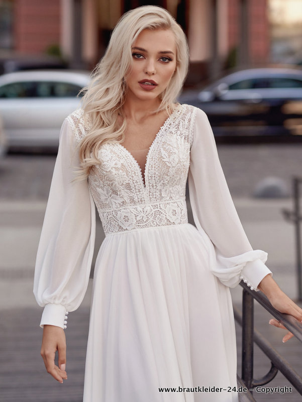 Langarm Empire Brautkleid Lang mit V&nbsp;Ausschnitt