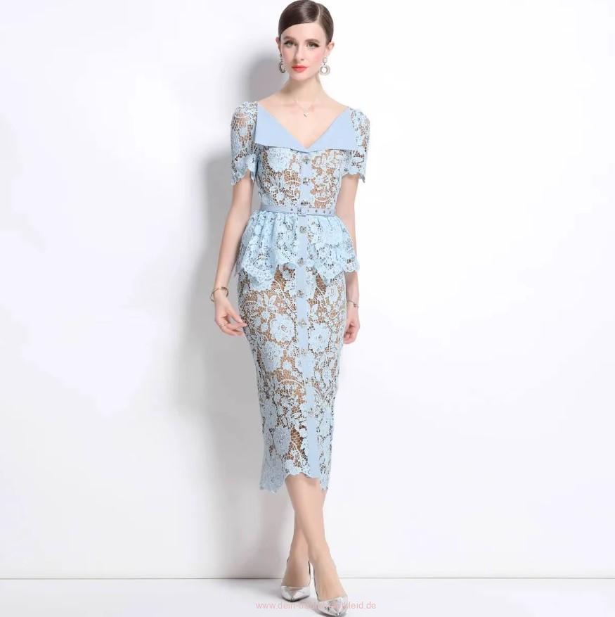 I Linie Kurzarm Standesamt Brautkleid Gunda Wadenlang aus Spitze&nbsp;Himmelblau