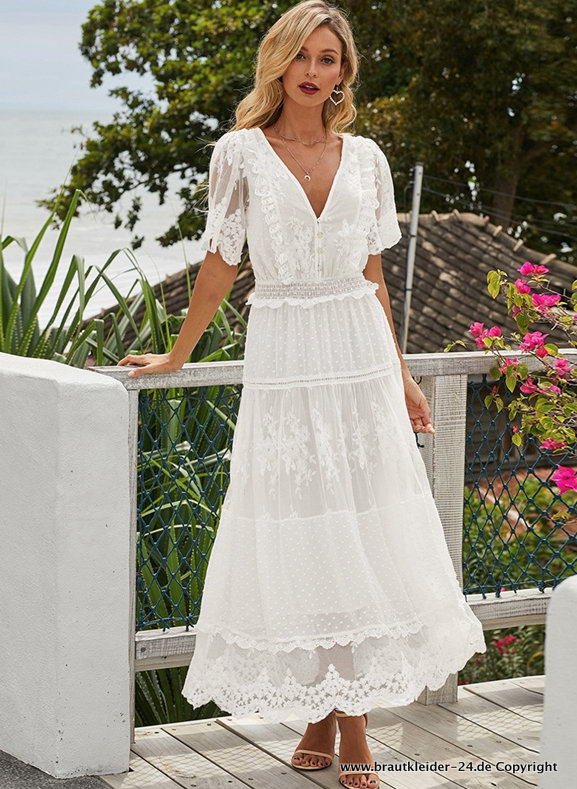 Boho Style Maxi Standesamtkleid aus Spitze in Weiß