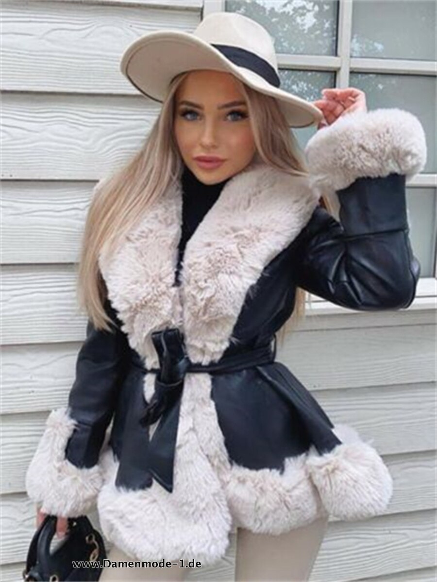 PU Leder Damen Jacke mit Plüsch Kragen in&nbsp;Schwarz