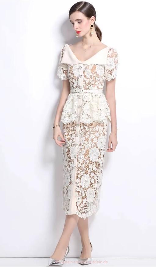 I Linie Kurzarm Standesamt Brautkleid Gunda Wadenlang aus Spitze&nbsp;Elfenbein