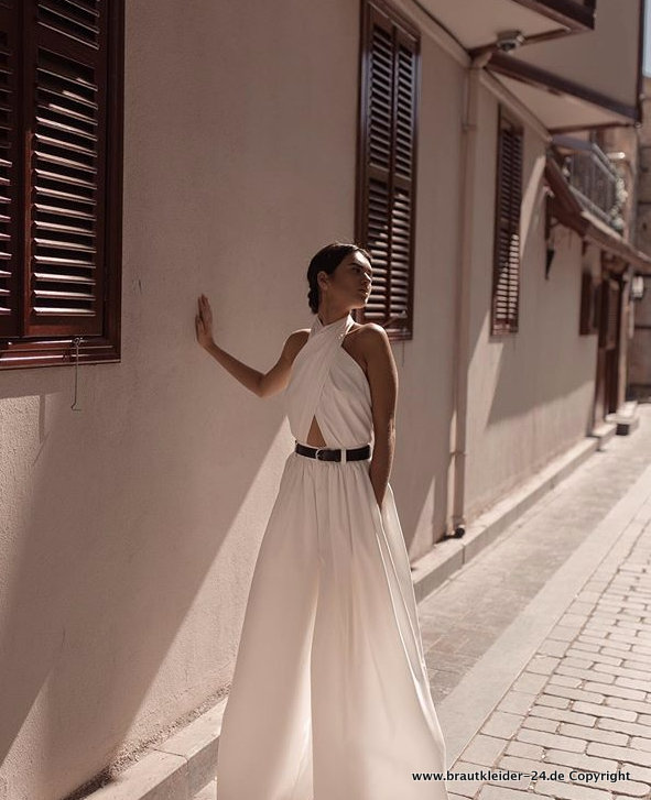 Sexy Neckholder Träger Overall Einteiler für den Standesamt&nbsp;Weiss