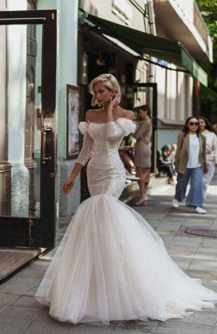 Meerjungfrau Brautkleid Cathrine Schulterfrei mit Tüllrock