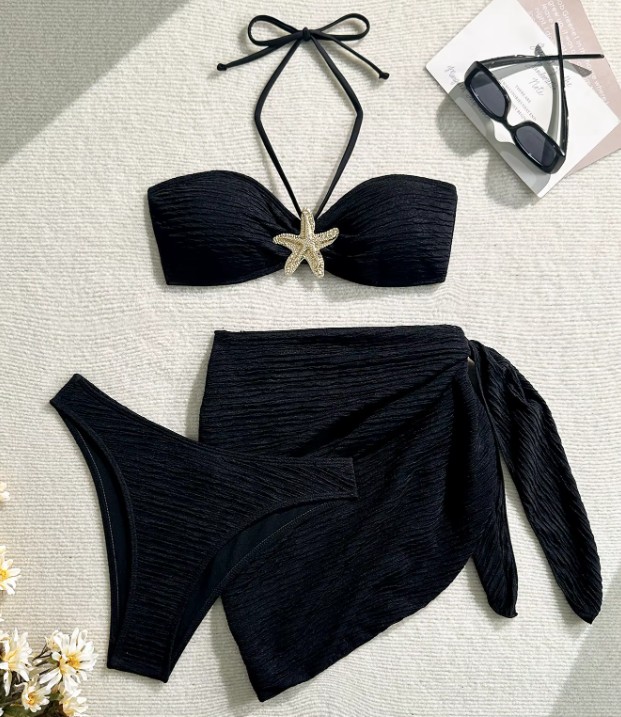 Halterneck Bikini Sibylla Dreiteilig mit Seestern in&nbsp;Schwarz