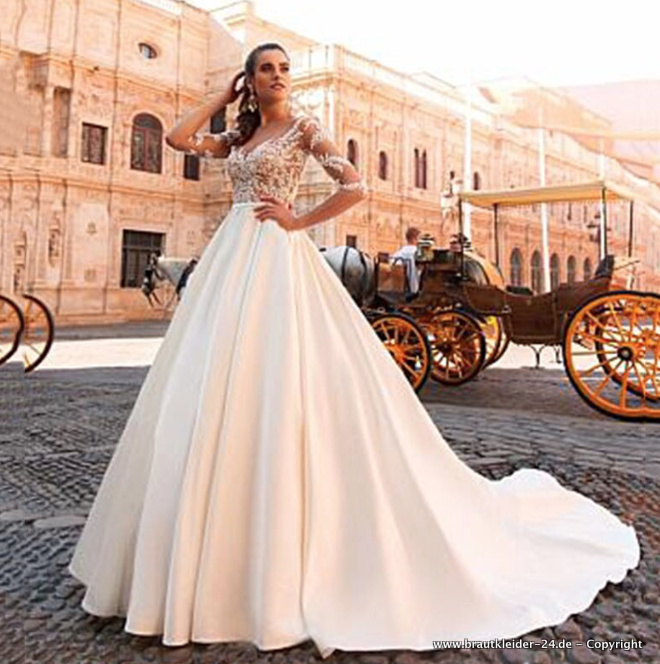 Langarm satin Brautkleid Madeline mit Spitze&nbsp;Bodenlang