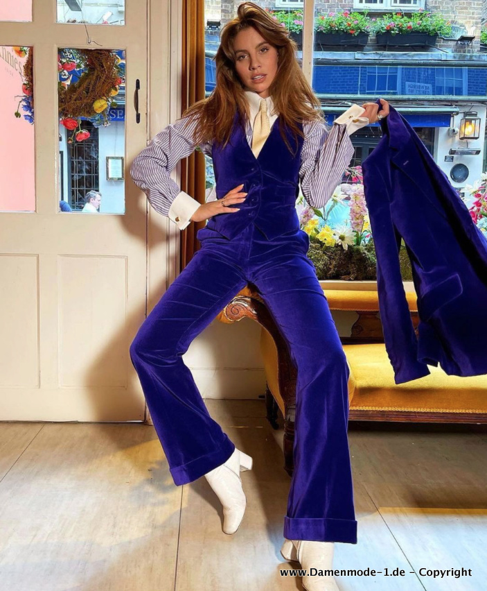 Samt Hosenanzug in Navyblau Dreiteilig mit&nbsp;Weste