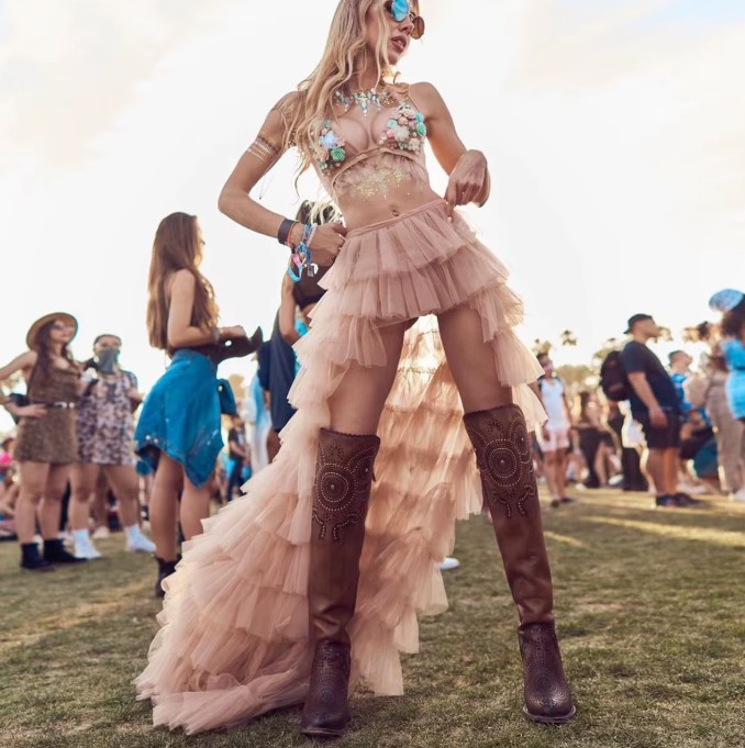 Mini Tüll Vokuhila Rock für die Braut mit Volants in Champagne