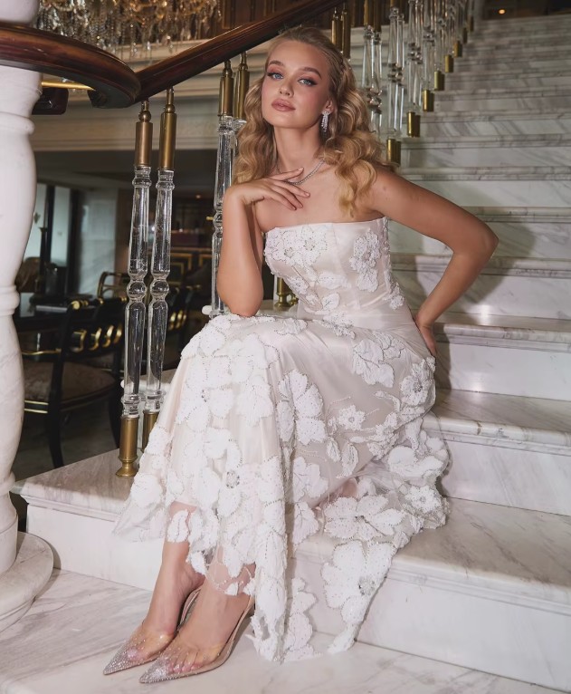 Schulterfreies A Linie Brautkleid Janna Knöchellang mit&nbsp;Blumenmuster