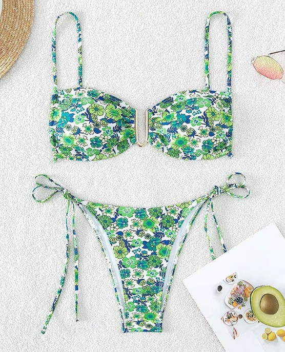 Triangle Push Up Bikini Sheena Grün mit Blumenmuster