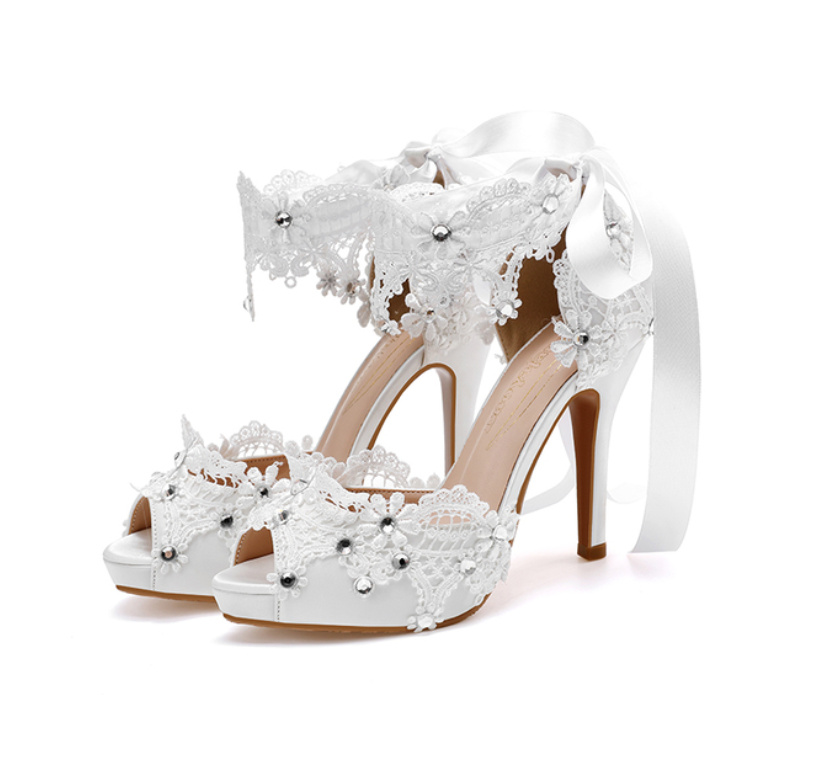 Braut Heels Pumps Hochzeitsschuhe mit Strass Perlen und Spitze bis Gr&nbsp;43