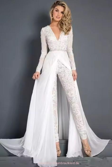 Langarm Braut Overall Jumpsuit Einteiler aus Spitze mit Chiffon Rock