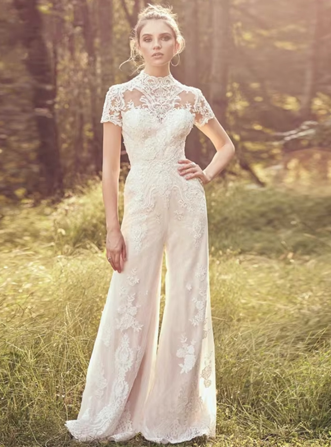 A Linie Kurzarm Boho Braut Einteiler Overall aus Spitze Standesamtmode