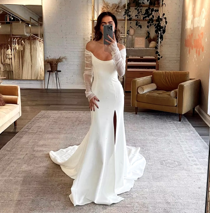 Schulterfreies Langarm Meerjungfrau Brautkleid Coralie mit Perlen und&nbsp;Schleppe