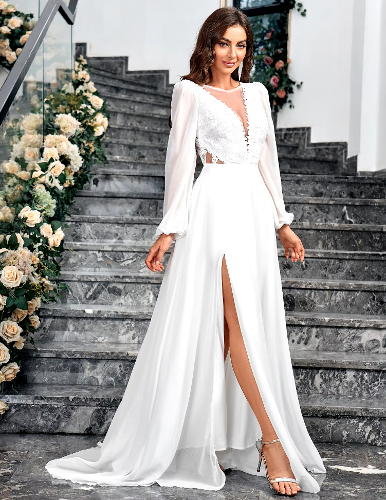 A Linie Chiffon Langarm Standesamtkleid Chanel mit Sexy V&nbsp;Ausschnitt