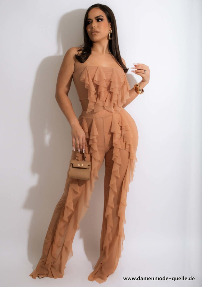 Sexy Chiffon Sommeroutfit in Beige Crop Top mit Hose im&nbsp;Set