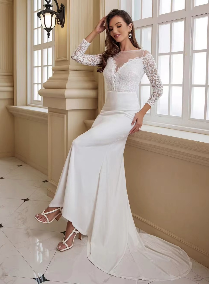 Langarm Fit and Flare Standesamtkleid Caro mit Tattoo Spitze